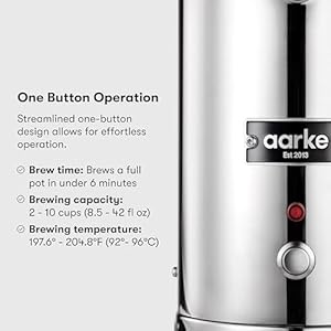 aarke Coffee Maker - Electric Drip Filter Coffee Brewer, Stainless Steel, Glass Carafe, Smart Hot Plate, 10 Cup Capacity, 250 mL aarke Coffee Maker Electric Drip Filter Coffee Brewer Stainless Steel Glass Carafe Smart Hot Plate 10 Cup Capacity 250 mL