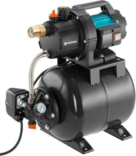 Gardena Domestic Waterworks 3700/4 : Pompe pour l'alimentation en eau domestique avec réservoir de 19l, membrane EPDM et inserts filetés en laiton, débit 3.700 l/h, moteur 800 W (09023-20)