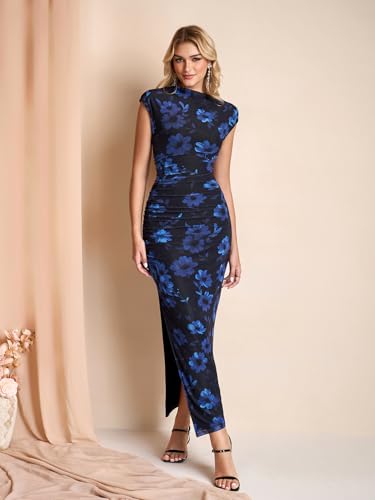 Image of HTZMO Floral Wedding Guest Ruched Bodycon Maxi Dress for Women | Cap Sleeve Slit Long Dresses, Fall Formal Cocktail Party Elegant Modest Bride Shower, Stretchy Mesh Fabric, Winter 2026