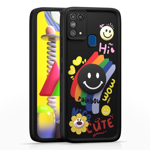 Image of Pikkme Back Cover for Samsung Galaxy M31 / M31 Prime / F41 | Soft Silicone| Cute Rainbow Smile & 3D Cartoon Flower Design | Shockproof Raised Camera Protection Bumper Case (Black)