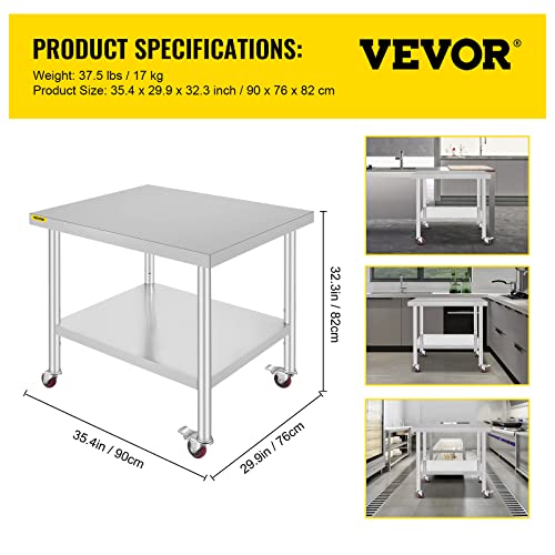 Miniatura 7 de Vevor Mesa De Preparación De Comida Acero Inoxidable 91,5x76,2x86,4cm Tabla De Cocina Profesional Capacidad De Carga 100 Kg Tabla De Trabajo De Cocina Catering Ajustable Para Restaurante Escuela