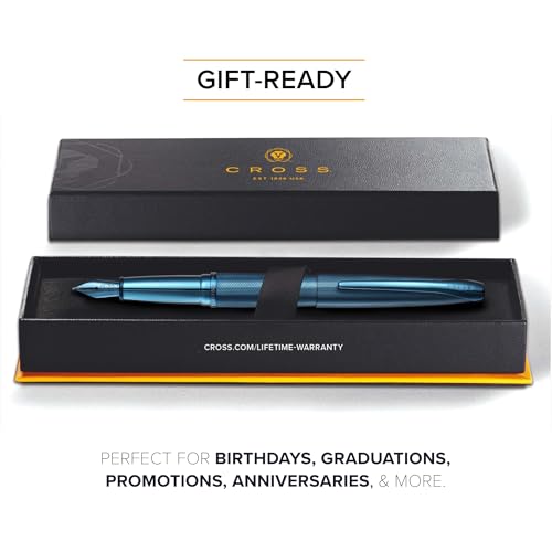 Image of Cross ATX Luxury Sandblasted Dark Blue PVD Fountain Pen with Polished Metal Trim - Medium Nib, Smooth Writing, Presented in Premium Gift Box