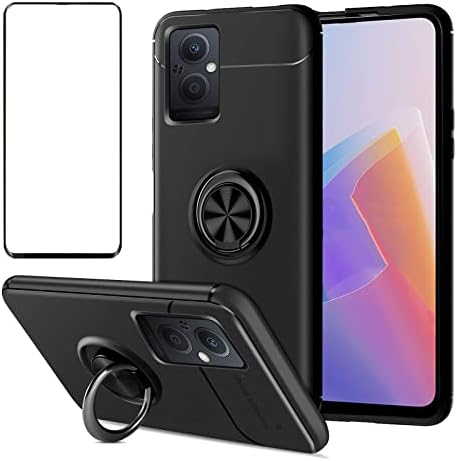 AKABEILA OPPO Find X5 Case & Screen Protector Tempered Glass Phone Case Silicone Ring Grip Holder Kickstand Carbon Fiber Cover Shockproof, Blue