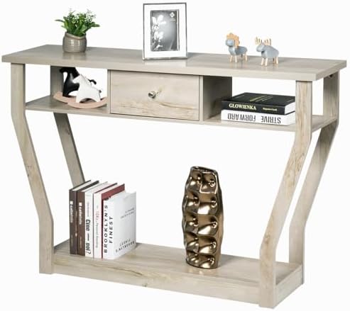 FATIVO Table Console Entrée Bois 120 Cm – Style Industriel, 4 Niveaux Rangement, Métal Noir, Meuble Polyvalent