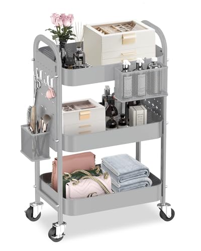 Image of ALVOROG 3 Tier Rolling Cart with DIY Pegboards Metal Utility Cart with Wheels Handles Baskets Hooks, Craft Cart for Office Kitchen Bathroom(Light Gray)