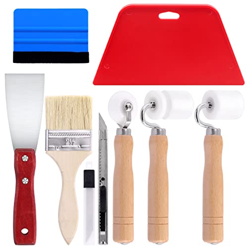 Glarks Kit de 9 outils de lissage de papier peint comprenant 3 rouleaux à couture plate, 2 raclettes à lisser, 1 pinceau, 1 couteau à mastic et 1 couteau à papier adhésif avec lames de 9 mm