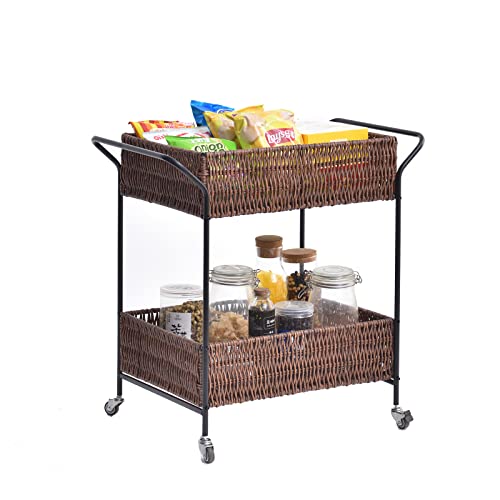 Lightweight Rattan Serving Bar Carts For Home 2 Tier Wicker Tray With 4 Lockable Wheels Drink Trolley Multi Rolling Utility Cart Storage Rack For Kitchen Dinning Living Room Hotel Wine Tea Outdoor #TOP3