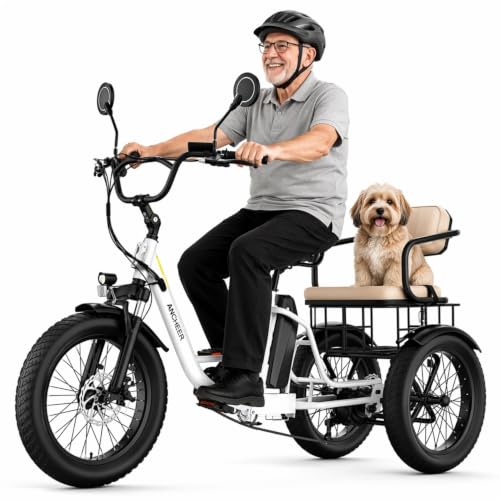 Image of ANCHEER Electric Tricycle for Adults, 20 inch Fat Tire Electric Trike, 15.5MPH E Trikes for 60+ Seniors, 3 Wheel Electric Bike, 864Wh Removable Battery, LCD, Rear Differential, 2 Seater, Basket