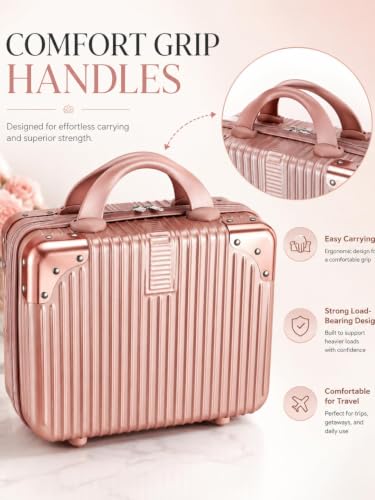 Image of BLUE BEADS Travel Makeup Case with Lock & Luggage Strap, ABS Hard Shell Cosmetic Vanity Case, Portable Makeup Organizer for Women, Beauty Storage Box for Makeup & Toiletries (Peach, Model 3)