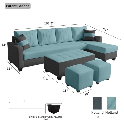 Image of FURNY Avenue 8 Seater Fabric RHS L Shape Sofa Set with 1 Centre Table & 2 Puffy (Sky Blue-Dark Grey) Premium Velvet Finish