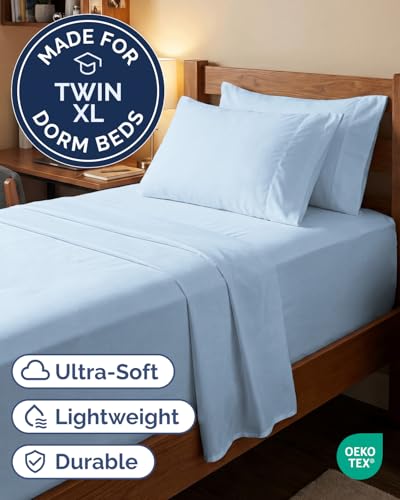 Image of Extra Deep Twin XL Sheet Set - 4 Piece Breathable & Cooling - Light Blue | Hotel Luxury Bed Sheets Set, Easy & Secure Fit, Ultra-Soft, Wrinkle & Fade Free, Comfy Sheets Set with Extra Deep Pockets