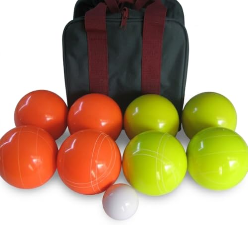 BuyBocceBalls Listing - Made in USA, Premium Quality Tournament Bocce Set - 110mm Orange and Yellow Balls, Nylon Bag, 998 Grams (2 lbs. 3.2 oz.). Various Bag Colors