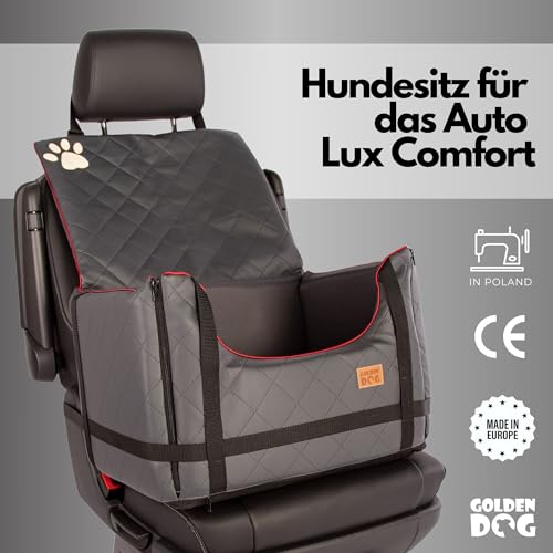 Golden Dog - Transportbox Hund mit Sicherheitsgurt M-52x44x33 cm - Leder Imitation Autositz Hund, Wasserdicht Hundesitz Auto - Beifahrersitz Hundebox Faltbar - Anschnallgurt Hundekorb Auto, Grau