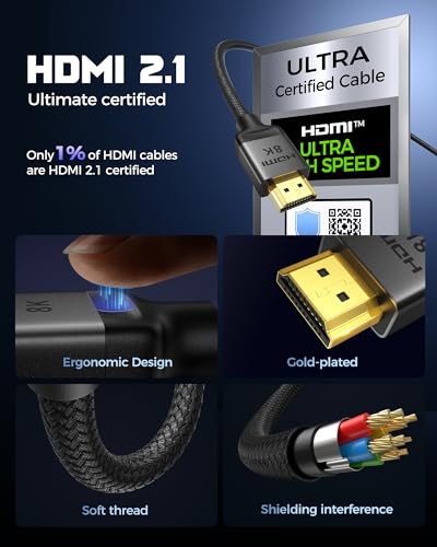 Silkland 10K 8K HDMI 2.1 Kabel 2m, Zertifiziertes HDMI®Kabel 4K@144Hz/120Hz 8K@60Hz, eARC, HDR10, 48Gbps, HDCP2.3 für Dolby Atmos/HDTV/Soundbar/PS5/Blu-ray/Switch/Beamer/Laptop/Display/TV Box/PC
