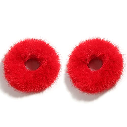 2 Pcs Women Furry Elastic Faux Rabbit Hair Scrunchies Fluffy Ponytail Holder Pompom Ball Hair Bands Ties For Girl Hair Accessories (Red) #TOP1