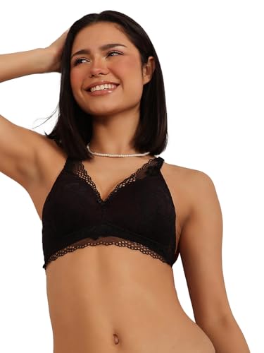 Image of Clovia Women's Lace Solid Padded Demi Cup Wire Free Bralette Bra - Black