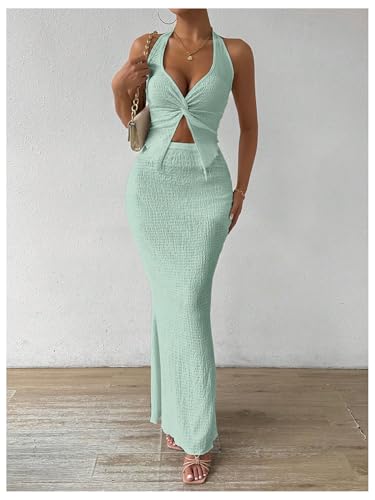 Image of SOLY HUX Women's Two Piece Outfits Twist Front Halter Cami Tops and Skirt Summer Set