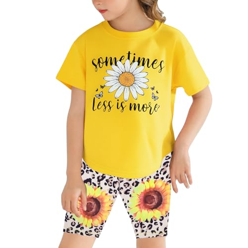 Image of Girls Summer Outfits Floral Print Shirt Yellow Short Sleeve Top and Biker Shorts Kids Clothing Sets 5-14 Years