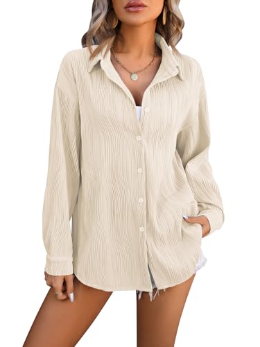 LEKOPUR Beige Bluse Damen Elegant V Ausschnitt Hemd Tunika Langarm Welle...