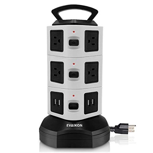 Power Strip Tower - EVAIKON Extension Cord with 10 Outlet 4 USB Ports 3000W/13A Surge Protector Electric Charging Station +6.5FT Wire Extension Universal Socket for Home/Office