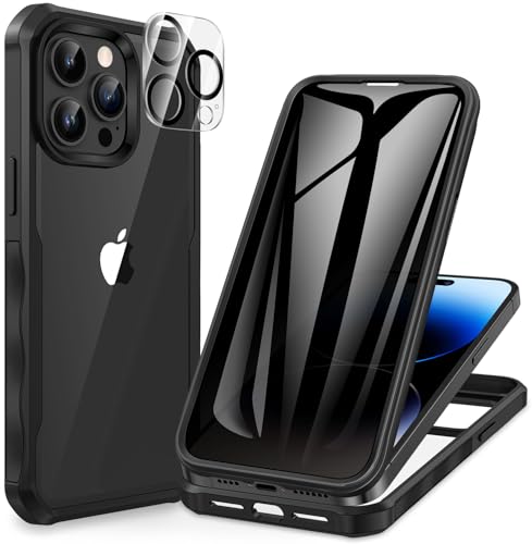 CENHUFO Privacy for iPhone 14 Pro Case, Full Body Phone Case with Built-in 9H Tempered Glass Privacy Screen Protector and Camera Lens Protector, Anti Peep Spy Shockproof Bumper Clear Cover - Black by CENHUFO - Used condition - US$13.48