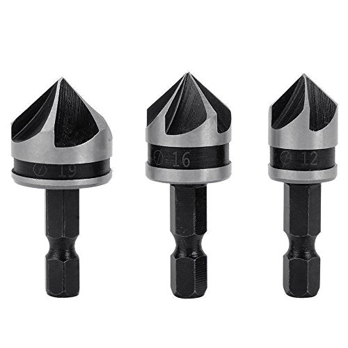 Yakamoz 3pcs 1/4" Hex HCS Fraise à Chanfreiner 5 Flûte Foret Embouts pour phanfreiner Évier à Fraise Conique 12mm/16mm/19mm Pour Bois Métal Cover