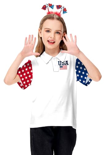 Image of AOBUTE Kids 4th of July Polo American Flag Short Sleeve Button Down Shirts Tops 3-14 Years
