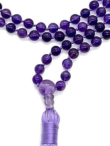 Chevron Amethyst Hand Knotted Japa Mala 6 Mm Beads Top Grade Prayer Necklace. Blessed Energized 108+1 Hindu Tibetan Buddhist Prayer Karma Beads Subha Rosary Mala For Nirvana Meditation Chanting Om #TOP1