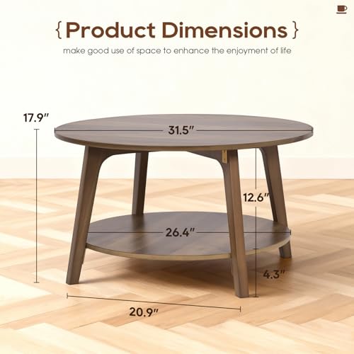 FDW Round Coffee Table with Storage 2-Tier Modern Wood Center Table for Living Room Bedroom or Office Small Space Circle Coffee Table with Sturdy MDF Top & Tapered Legs Easy Assembly,Brown by FDW - Image 7