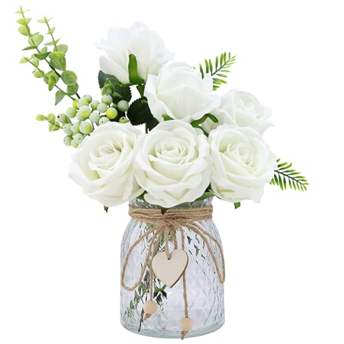 Vkkperp Fake Flowers with Vase, Artificial Velvet Roses, Faux Plant Flower Arrangements in Glass Vase for Home Office Living Room Bathroom Decoration, Dining Coffee Table Centerpiece Decor (White)