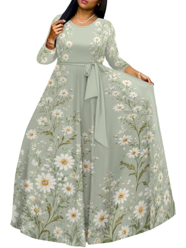 Image of Women Plus Size Long Sleeve V Neck Maxi Dress with Belt | Soft fabric relaxed fit three quarter sleeve v neck with pockets for party and daily wear
