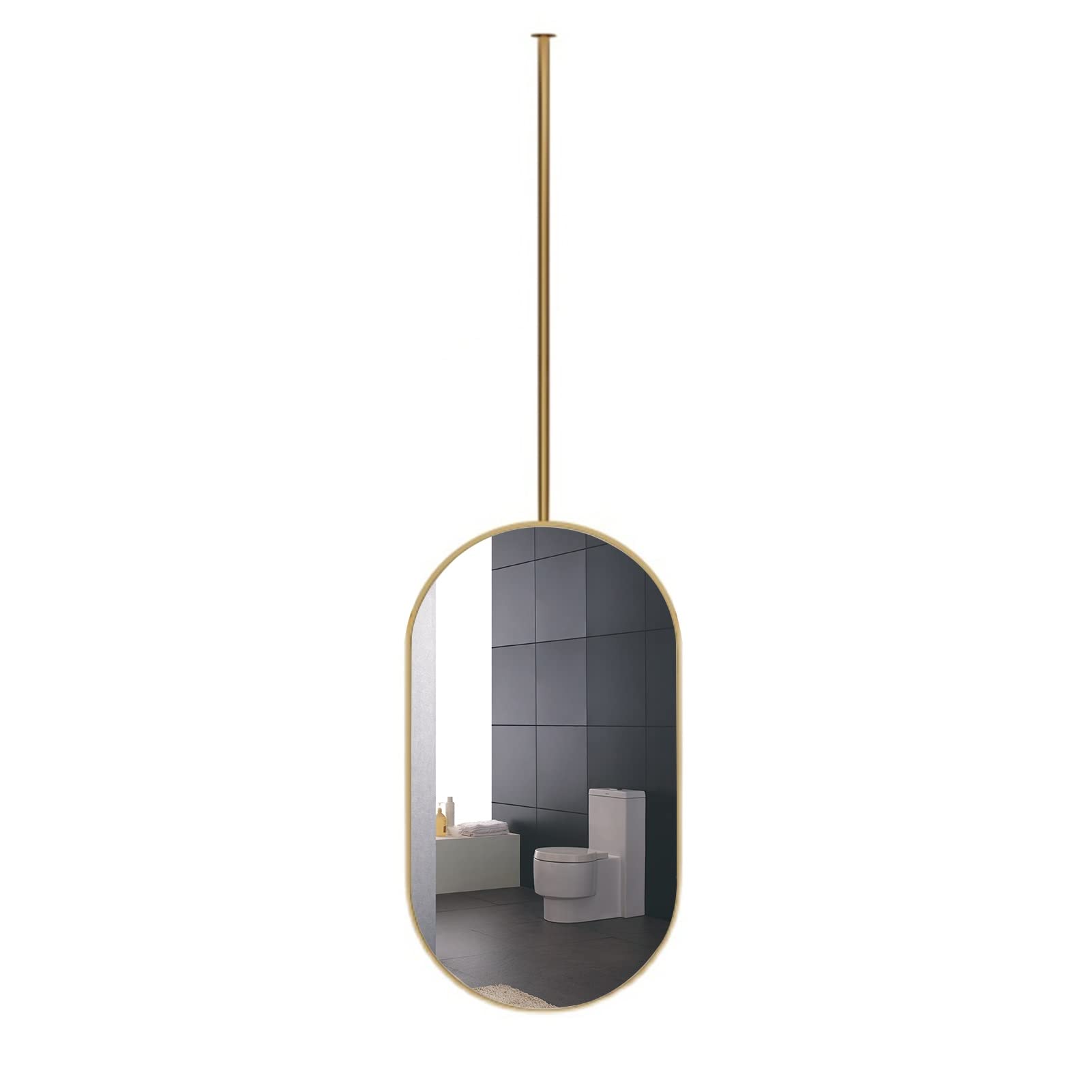 FGXHHS Oval Ceiling Hanging Mirror with Metal Frame (Boom can be customized) Gold Rod for Bathroom Washroom Entrance (Size : 40cmx70cm)