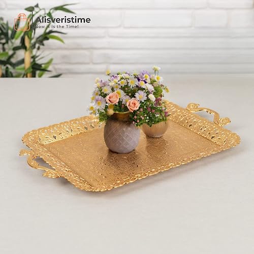 Alisveristime Turkish Ottoman Authentic Floral Design Zamak Serving Tray For Coffee & Tea (16.50 In X 11 In) (Gold) #TOP6