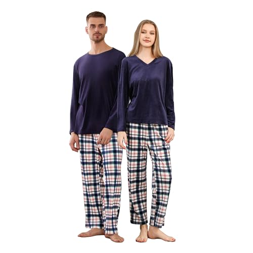 EK4YDNDS Couple Pajama Sets, Soft Pullover PJs with Plaid Pants, Matching Warm Sleepwear for Men(Navy/Navy White Plaid,S)