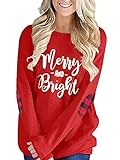 Unidear Women's Merry and Bright Christmas Casual T Shirt Long Sleeve Tunic Tops with Plaid Elbow Pa