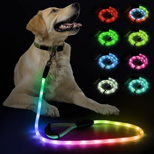 Sugiifamy LED Hundeleine, Wiederaufladbar Hundeleine für große, mittelgroße und kleine Hunde, 13 Beleuchtungsmodi mit Silikongriff, Sicherheit beim nächtlichen Spazierengehen (1.2M)