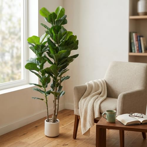 Image of ARICK DECOR 6Ft Artificial Fiddle Leaf Fig Tree with Pot for Faux Tree with Large Realistic Trunks and Big Leaves, Fake Floor Potted Artificial Plants (Multicolor-42) (5.1Ft-Leaf-Green)