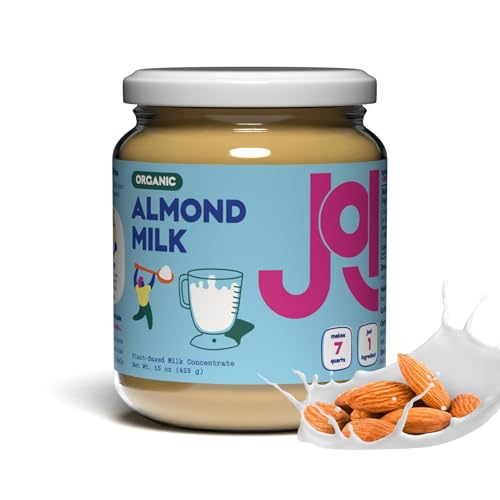 JOI Organic Almond Milk Base, Unsweetened Plain Concentrate - 27 Servings in Glass Jar, Paste / Butter, Blend with Water to Make Up To 7 Plant Milk Quarts - Vegan, Kosher, Shelf Stable, Keto-Friendly, Dairy Free, & Fat Free Milk - Use in Smoothies, Cereal, Ice Cream, Spreads & Baked Goods. 100% Almonds. Contains zero added sugar, gums, oils, or binders. Tastes like Almonds.