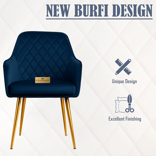 Image of Barfi Velvet Dining Chair | Set of 2 Premium Modern Upholstered Accent Chair with Armrest, Padded Seat and Metal Legs | Comfy Chair for Home, Office & Restaurents | (Blue with Puffy)