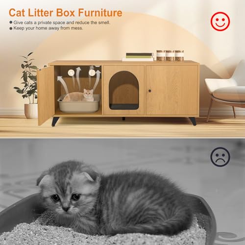 QuicMiou Cat Litter Box Enclosure for 2 Cats, Modern Hidden Litter Box Furniture with Double Room, Large Cat House Washroom Cabinet with Scratch Pad, 46.5\" x 19.7\" x 19.7\" (Natural Oak) - Thumbnail 4