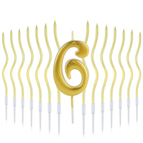 DazzJoy Świece urodzinowe z liczbami 6 dekoracji ciast, 13 sztuk świec urodzinowych 6 i spiralnych świec na tort, 6 złotych świec, dekoracja tortu urodzinowego, liczba 6 sztuk, złota świeca na 6