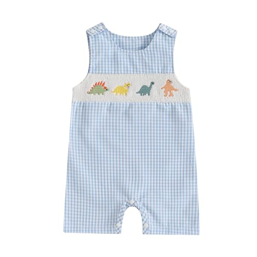 Image of PUHHAPIEY Baby Boy Summer Clothes Sleeveless Embroidery Dinosaur Gingham Retro Romper Jumpsuit Smocked Shortall