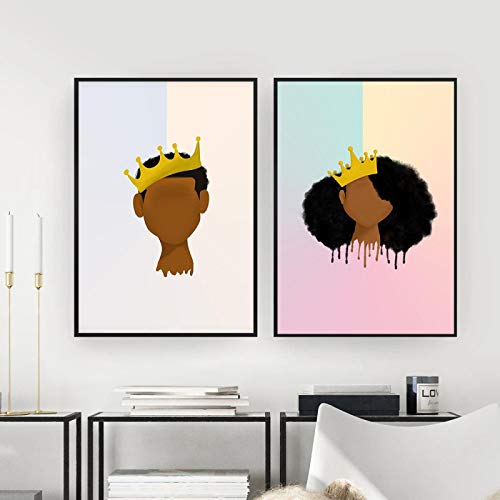 Toile art mural fille noire et jeune roi lot de 2 affiches 50x70cm sans cadre pour salon modern