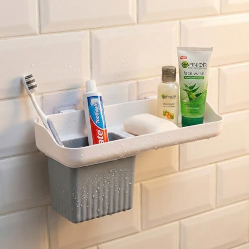 Image of HAPPI Soap Stand for Bathroom - Self-Adhesive Wall-Mounted Soap Case with Glass Tumbler, Tooth Brush Holder & Bottle Space Shelf Tray, Soap Dish Holder for Bathroom Organizer (White /Grey)