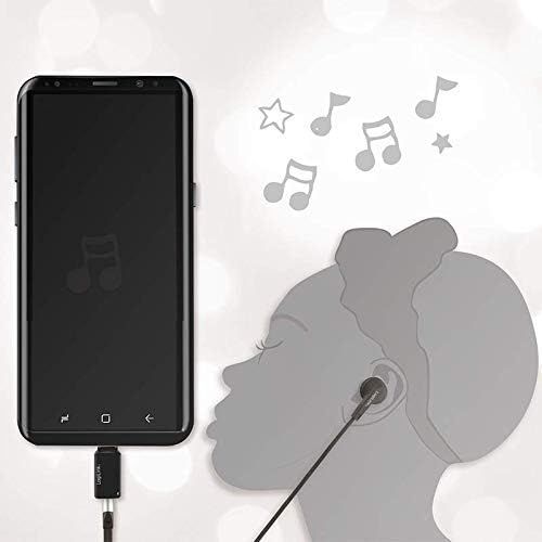 LogiLink UA0356 USB-C Sound Card connected to a smartphone, with audio notes indicating sound output to a connected headset.