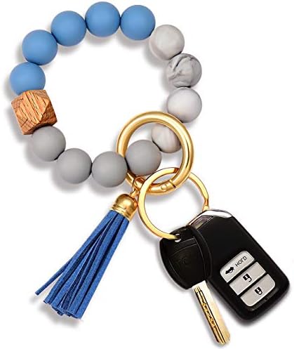 NVENF Silicone Key Ring Bracelet Beaded Wrislet Keychain Portable House Car Keys Ring Holder (Blue)