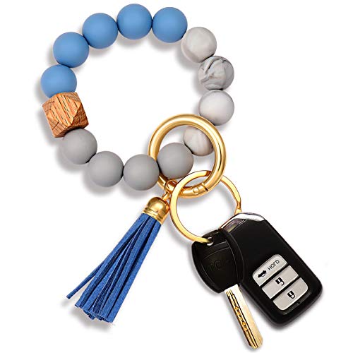 Nvenf Silicone Key Ring Bracelet Beaded Wrislet Keychain Portable House Car Keys Ring Holder (Blue) #TOP2