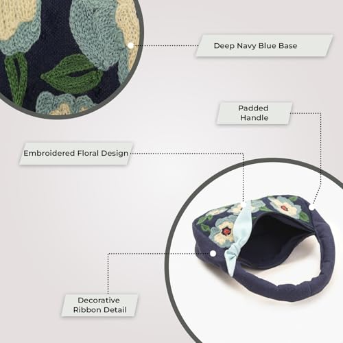 Image of Boho Girl Indigo Blossom Tote Bag - Navy Blue Floral Handbag for Women with Embroidered Flowers, Padded Handle & Ribbon Detail - Chic Shoulder Bag for Travel, Brunch