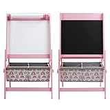 Natsen Kindertafel Staffelei Holz Standtafel, beidseitiges magnetisches Whiteboard und Kreidetafel, Schülerschreibtafel mit Papierrolle, 2 Stoffboxen, Kindermöbel Rosa (93 x 54 x 45cm)
