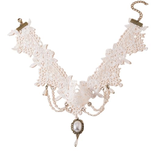 Vintage White Lace Choker Necklace with Pearl Pendant Style